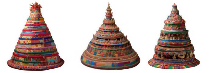 Three intricately decorated and colorful temple models stand against a stark transparent background showcasing asian artistic heritage