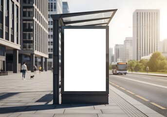 Blank White Billboard at Bus Stop in Sunny Urban Setting