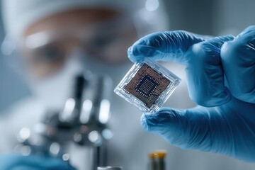 Researcher Holds a Microchip in a Lab While Wearing Protective Gear