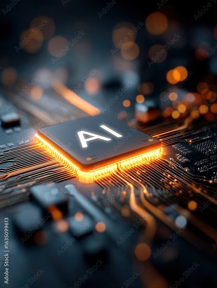 Poster close-up of a glowing ai chip on a circuit board with intricate design