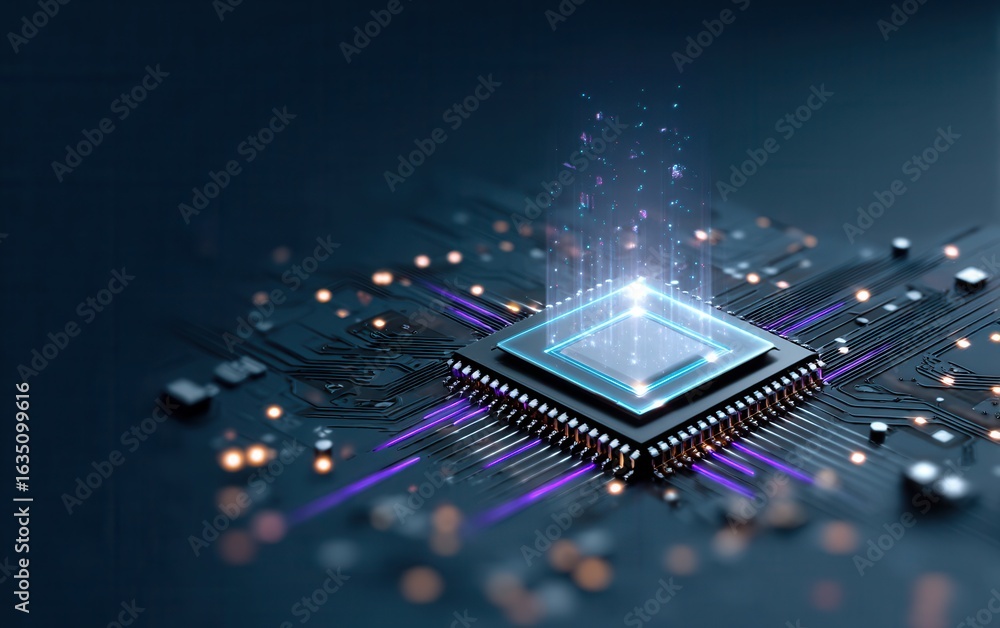 Poster data processing and technology innovation displayed on a microchip circuit board
