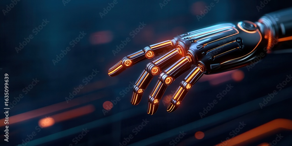 Poster robotic hand with glowing elements in a futuristic setting