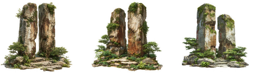 Ancient stone columns covered in moss and ivy stand as ruins in a natural outdoor setting isolated on transparent background
