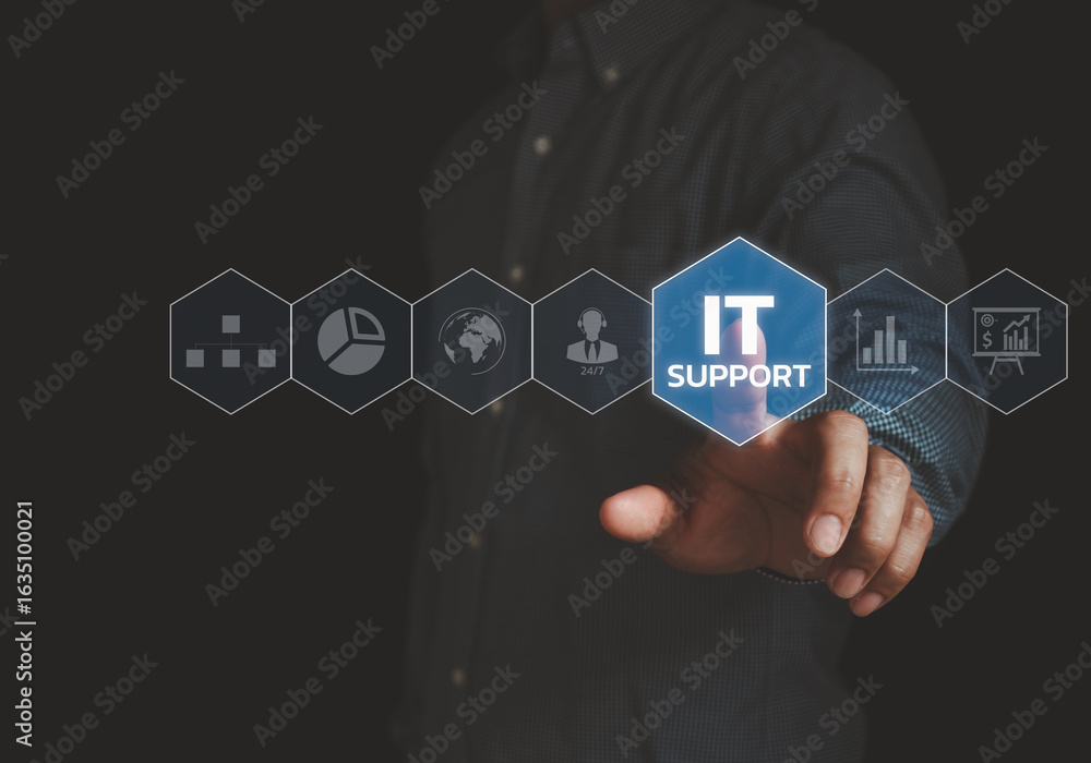 Poster it support concept. businessman touching virtual interface button for technical assistance, modern t