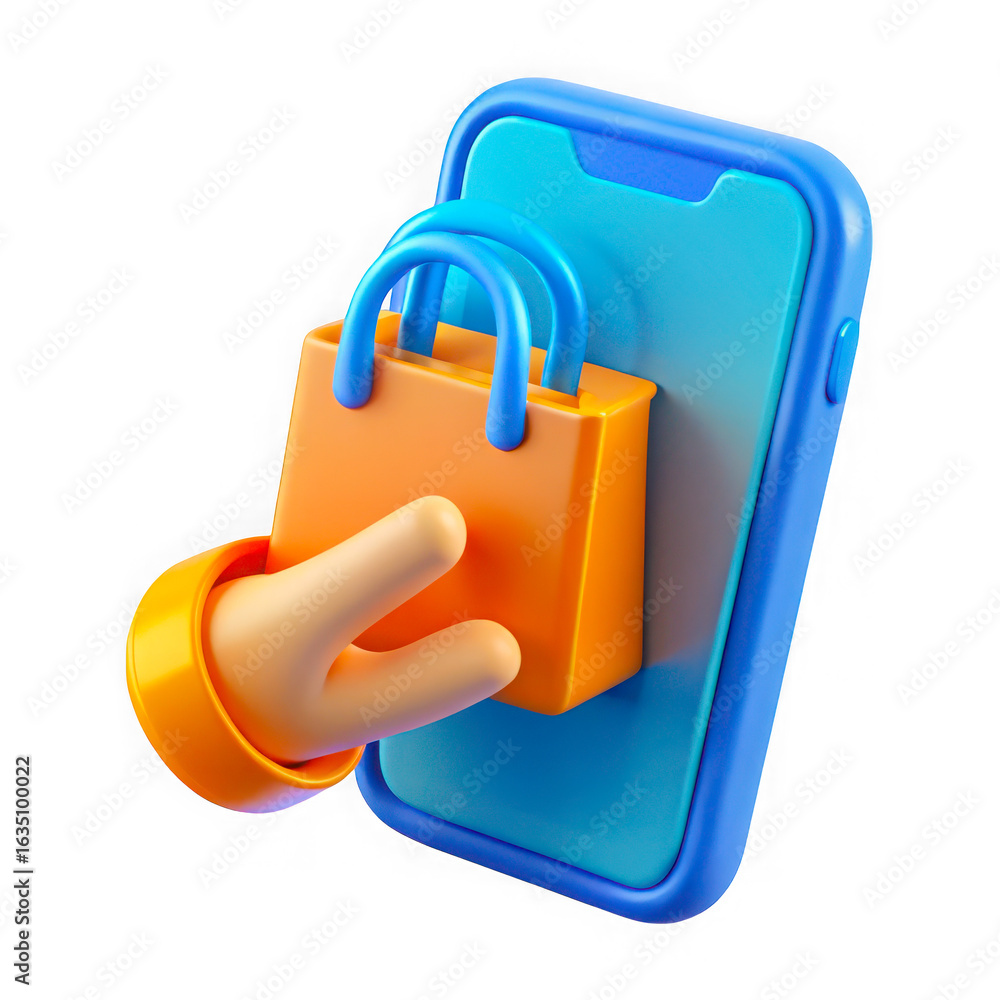 Poster 3d icon of 3d render of a hand holding a shopping bag on a smartphone screen isolated on transparent