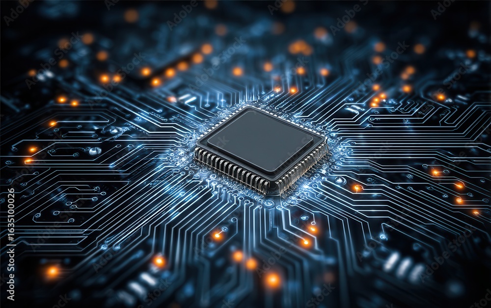 Poster computer chip surrounded by intricate circuit board design with glowing lights