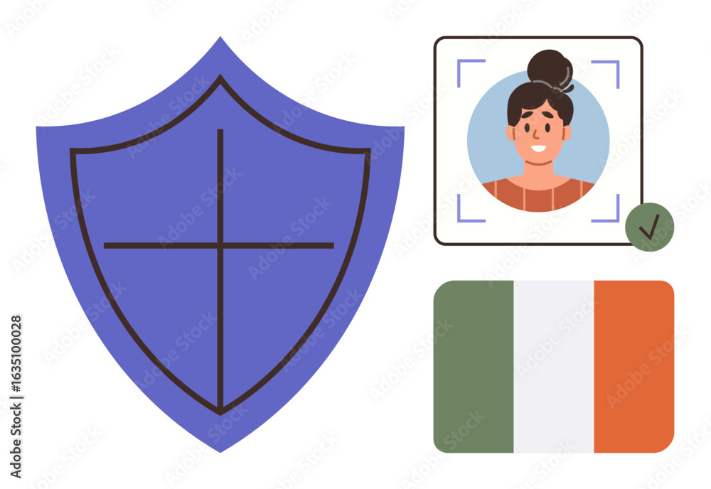 Poster security shield, profile photo with verification mark, irish flag. ideal for identity verification, 