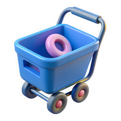 3d icon of blue shopping cart with a pink donut inside, isolated on transparent background