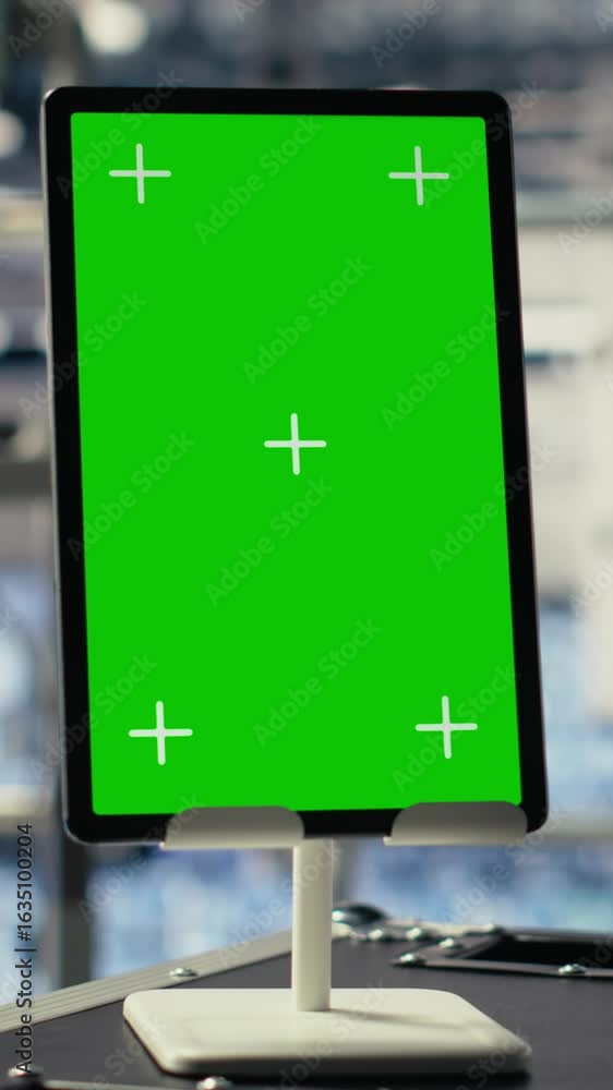 Poster vertical video close up shot of green screen tablet in data center with advanced technology workload