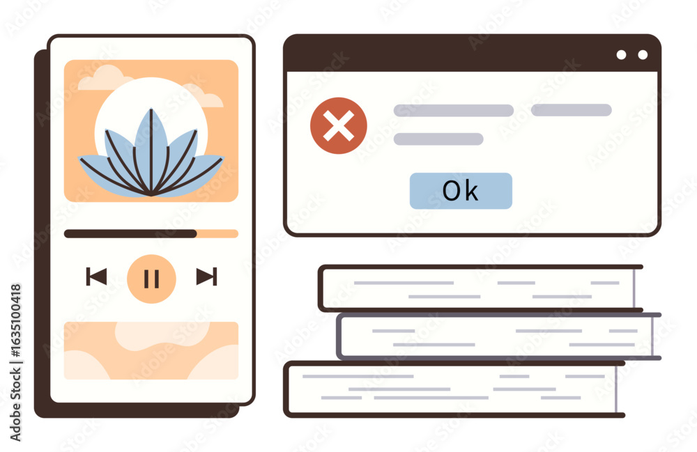 Poster digital media player with leaf artwork, error popup with ok button, and three stacked books. ideal f