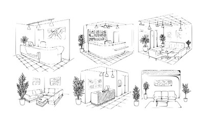 Obraz premium Collection of hand-drawn line art sketches depicting various modern office reception and waiting room interior designs, including desks, sofas, and plants in commercial settings.