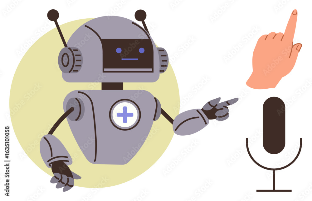 Poster robot with antennae pointing at microphone and hand indicating touch for communication. ideal for ai