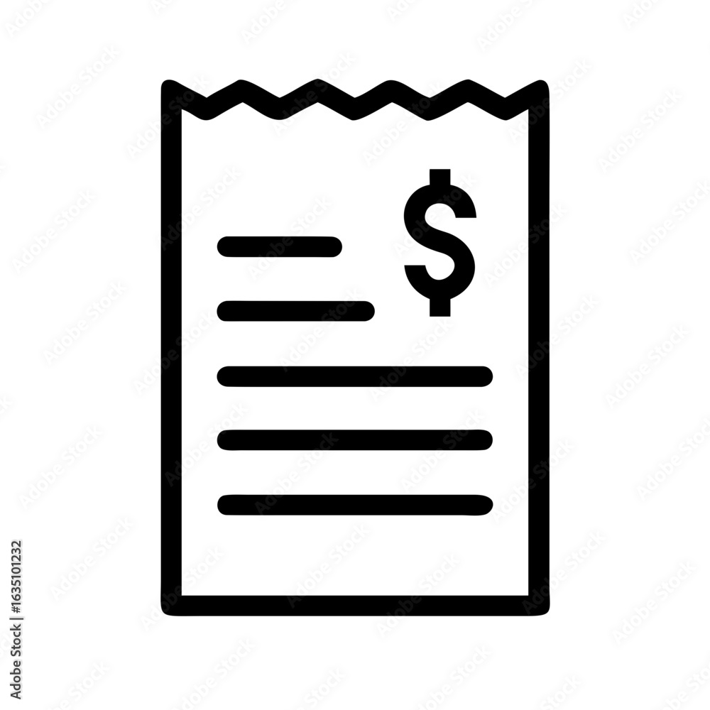 Poster black outline of a receipt with a dollar sign and horizontal lines on a white background image view