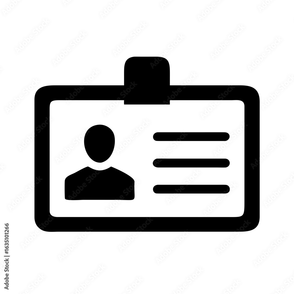 Poster illustration of a black identification badge with a person icon and three horizontal lines inside it