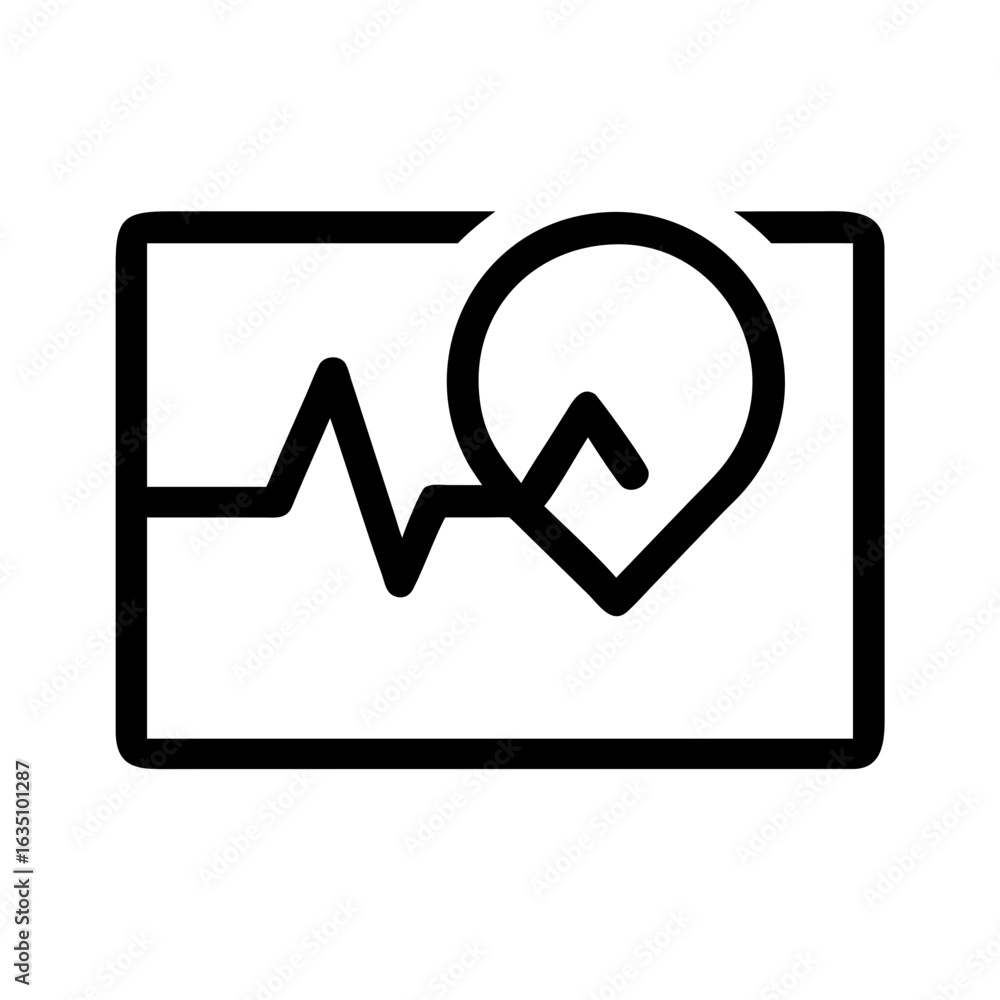 Poster black outline drawing of a heart rate graph inside a rectangle with a location pin over the graph pe