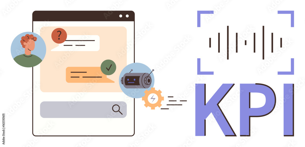 Poster chat interface with messages, user icon, ai chatbot, gear, and kpi chart. ideal for automation, perf