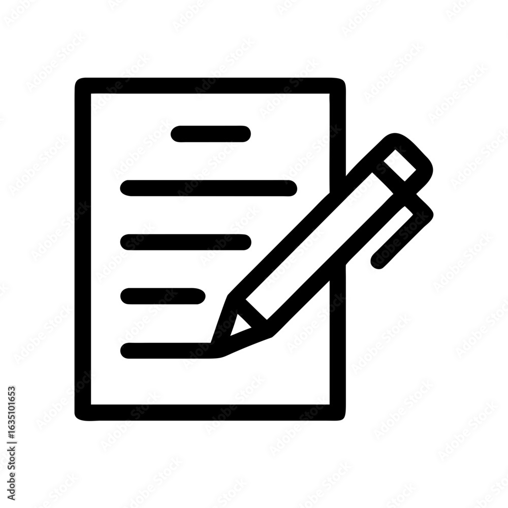 Poster illustration of a document with lines and a pen writing on it in black and white simple line drawing
