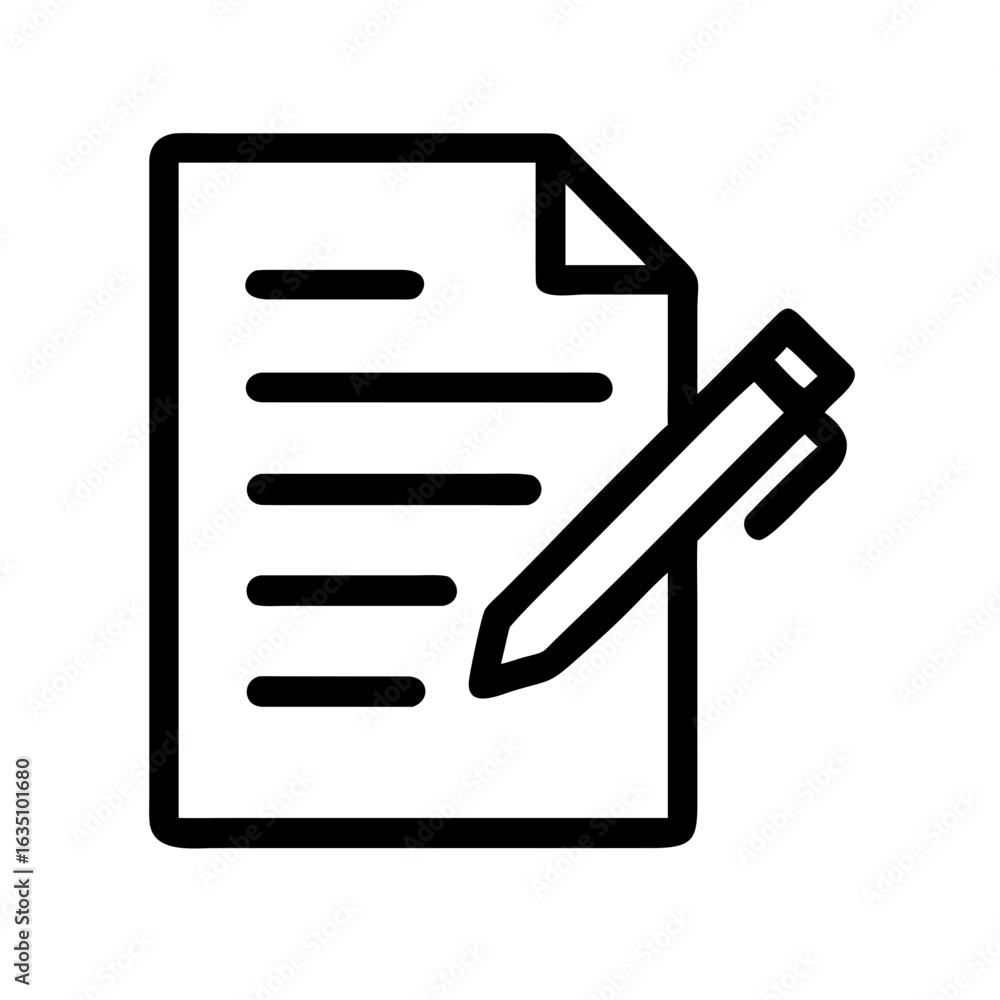 Poster illustration of a document with text lines and a pen positioned diagonally on the right side of the 