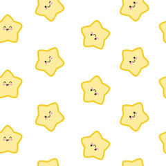 Seamless pattern with yellow gold kawaii stars with happy face, funny emotion, smile. Good night children's, nursery vector illustration pajamas print. 