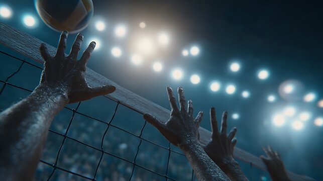 Volleyball players reaching for the ball over the net during a game - Powered by Adobe