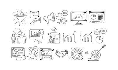 Hand-drawn collection of business, marketing, and data analytics icons including growth charts, sales funnels, team collaboration, financial reports, and strategic goals.