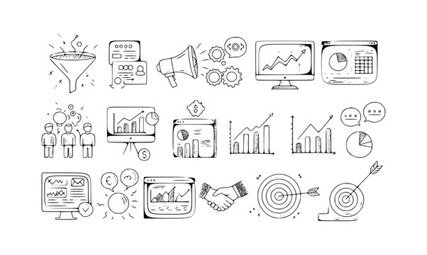 Hand-drawn collection of business, marketing, and data analytics icons including growth charts, sales funnels, team collaboration, financial reports, and strategic goals.