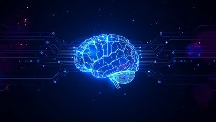 Illuminated blue brain with circuit board patterns on a dark background with particle effects