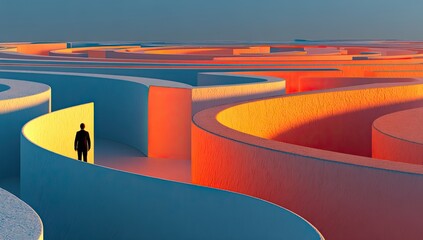 A figure stands at a passageway in a vibrant, winding maze