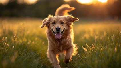 Golden retriever running through a grassy field during golden hour with tongue out and ears flapping