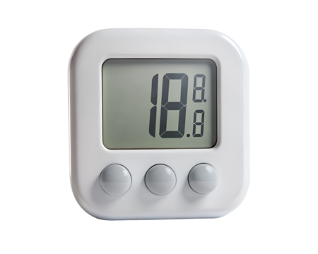 Digital kitchen timer with three buttons and a clear display, isolated on transparent background