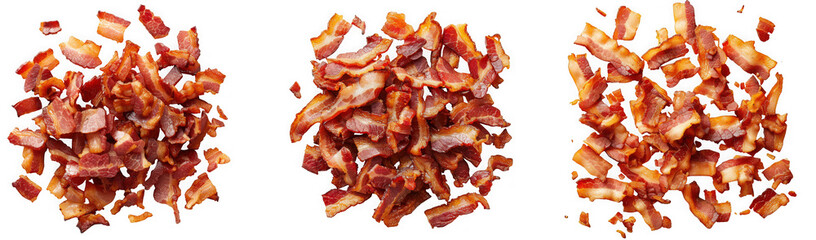 Three piles of crispy bacon pieces on a transparent background, perfect for adding a salty and smoky flavor to any dish