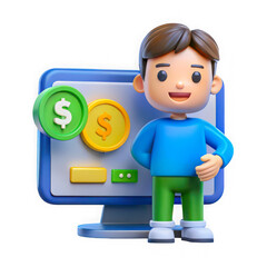 3d icon of cartoon boy with computer showing dollar coins isolated on transparent background