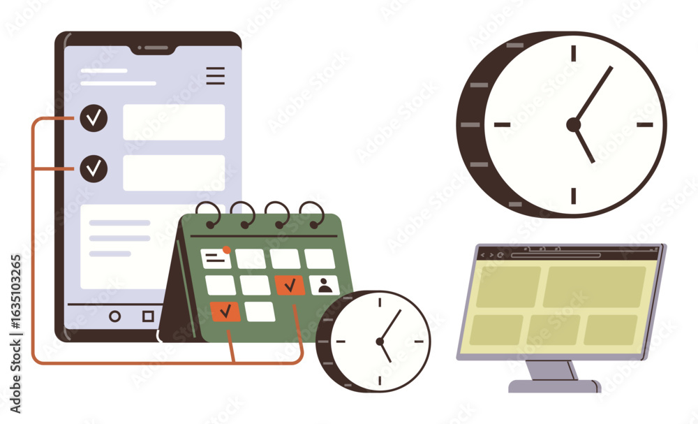 Poster smartphone with checklist, calendar with marked dates, clocks, and computer screen represent task tr