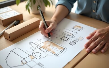 Designer sketching drawing design Brown craft cardboard paper product eco packaging mockup box development template package branding Label . designer studio concept . High quality