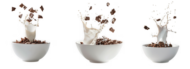 Three bowls of chocolate cereals with milk splashing out of them on a transparent background make a great start to the day
