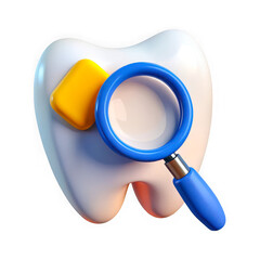 3d icon of tooth examination with magnifying glass isolated on transparent background