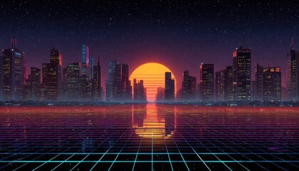 Retro futuristic cityscape at sunset
