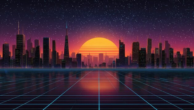 Retrofuturistic cityscape at sunset