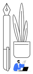 Fountain pen next to a potted plant, with a man pointing at a laptop screen, symbolizing creativity, growth, productivity, learning, collaboration, strategy and communication. Ideal for education