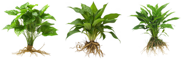 Three anubias barteri nana plants with roots displayed on a transparent background for aquarium decoration