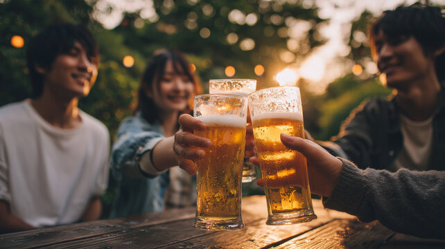 三人の日本人がビールで乾杯する夕暮れシーン