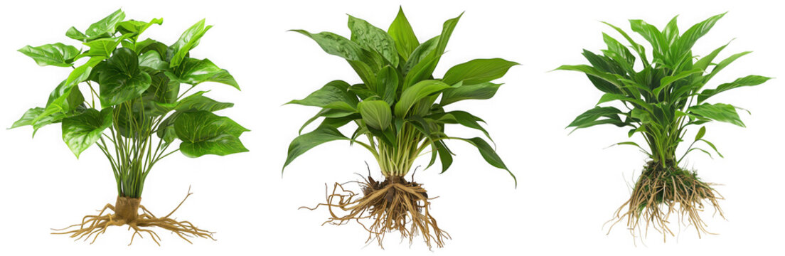 Three anubias barteri nana plants with roots displayed on a transparent background for aquarium decoration