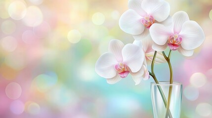 Elegant white orchid flowers in a glass vase with pastel bokeh background, minimal floral design, soft focus, delicate beauty, spring nature, dreamy romantic mood, copy space for text

