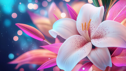 Elegant white and pink lily flower with glowing fantasy bokeh lights, beautiful floral background for greeting card, wedding invitation, spring celebration, digital art illustration