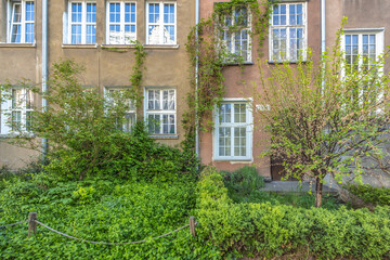Gdansk, a city on the Baltic coast of northern Poland, Europe. Facade of building with climbing...