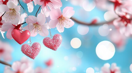 Romantic heart ornaments hanging from cherry blossom branches, pastel blue bokeh background, love, Valentine's Day, celebration, spring floral, dreamy mood, festive greeting card, copy space
