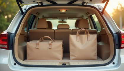 Bags stored in the trunk of a car on a sunny day  
