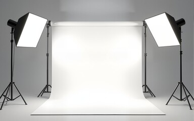Empty Photography studio soft box flash lighting equipment blank paper backdrop background. mock up display product background. 3d rendering. High quality