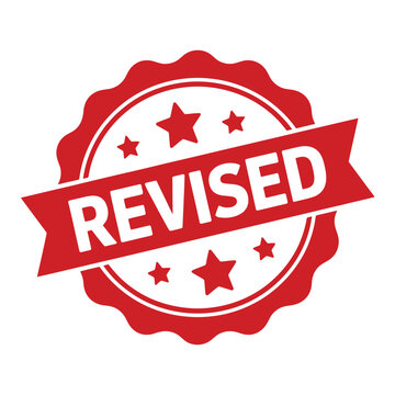 Red and white circular stamp with the word revised on a banner