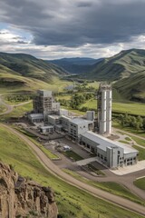 High-angle shot of a sprawling power plant, illustrating its considerable land usage - smokestacks expansive power plant hydroelectric